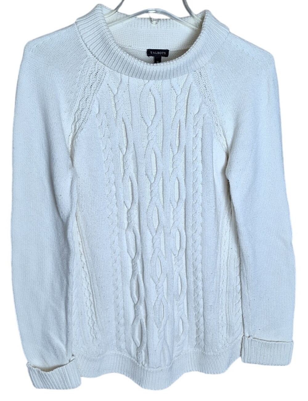 Talbots Ivory Cable Knit Fold- Over Collar Fisherman Cotton Knit Sweater Medium